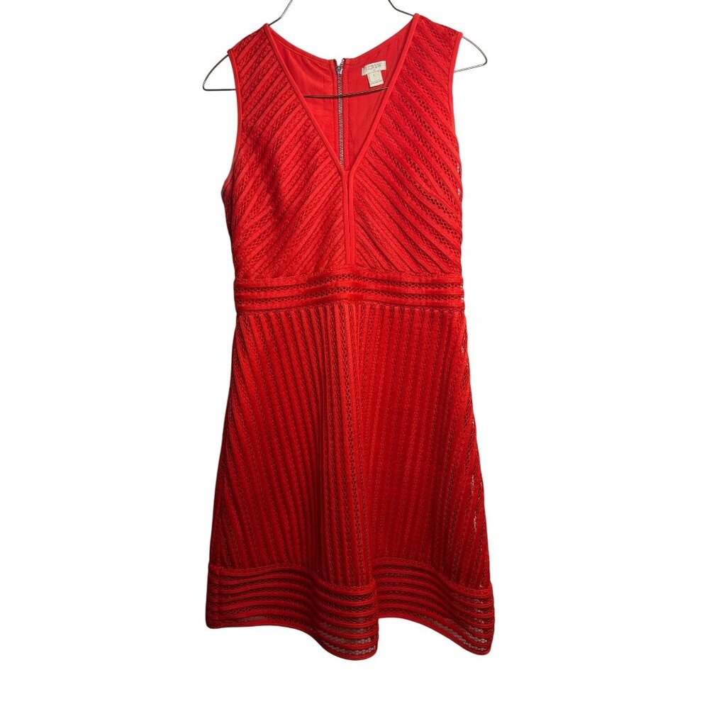 J.Crew Women Sleeveless Striped Eyelet Fit N’ Flare Dress Size 2 Poppy Red 13x34
